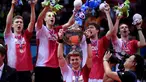 Tim Thomas Denmark berhasil menjadi juara Piala Thomas, China, Minggu (22/5). Di partai puncak Denmark sukses mengalahkan Indonesia dengan skor tipis 3-2. (AFP Photo/Johannes Eisele)