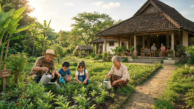 Inspirasi Rumah Pedesaan dengan Taman dan Pendopo yang Asri Model degan Kebun Kecil dan Pendopo di Ujung