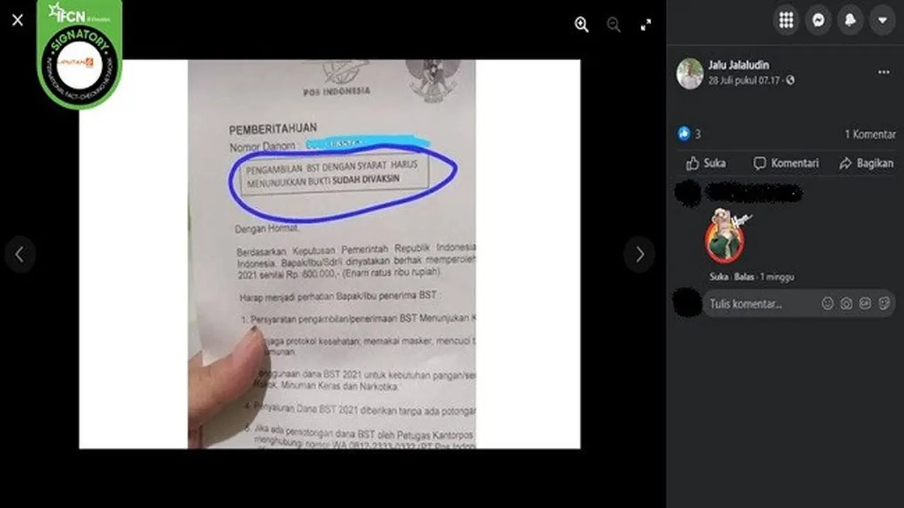 Gambar Tangkapan Layar Kabar tentang Syarat Pengambilan BST)di Kantor Pos (sumber: Facebook).