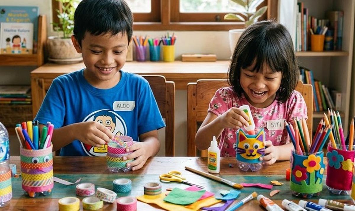 Cara Membuat Tempat Pensil dari Botol Bekas untuk Meja Anak (AI Generated)