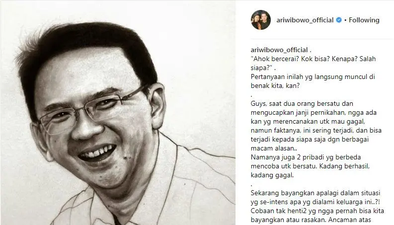 Ari Wibowo bicara soal perceraian Ahok dan Veronica Tan [foto: instagram]