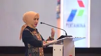 Direktur Utama Pertamina Nicke Widyawati di acara Sosialisasi &amp; Penandatanganan Pathway Pertamina Net Zero Emission (NZE) Road Map 2022-2060 yang diselenggarakan di Gedung Grha Pertamina, Jakarta pada (6/10/2022)