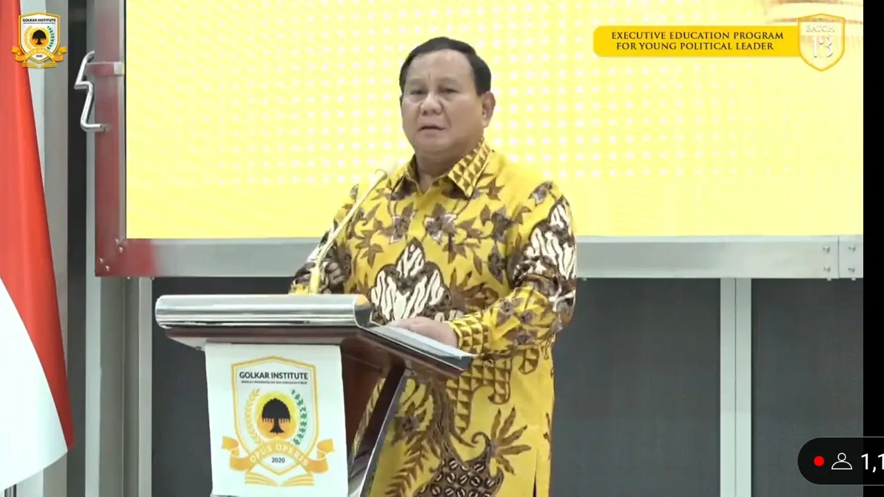 Ketua Umum Partai Gerindra sekaligus Menteri Pertahanan (Menhan) Prabowo Subianto saat menjadi pembicara kuliah umum di Markas Partai Golkar, Jakarta Barat, Kamis (31/8/2023).