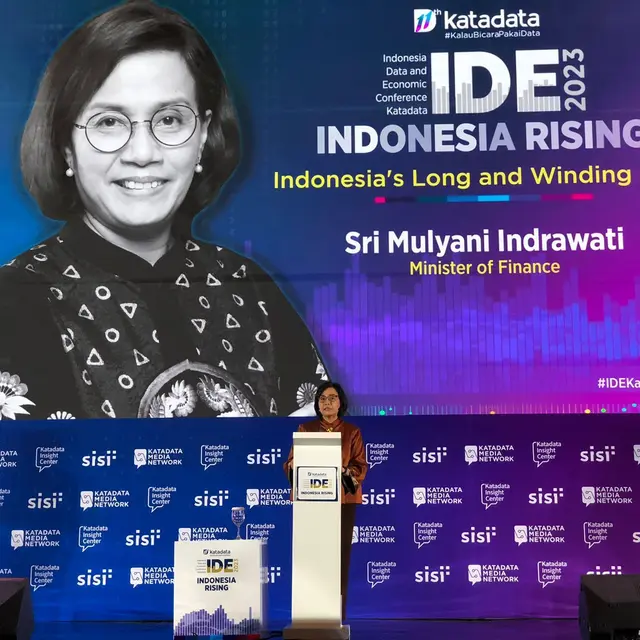 Menteri Keuangan (Menkeu) Sri Mulyani Indrawati  dalam sambutannya di Indonesia Data and Economic (IDE) Conference 2023, Kamis (20/7/2023). Sri Mulyani bercerita mengenai pesimisme negara G20.