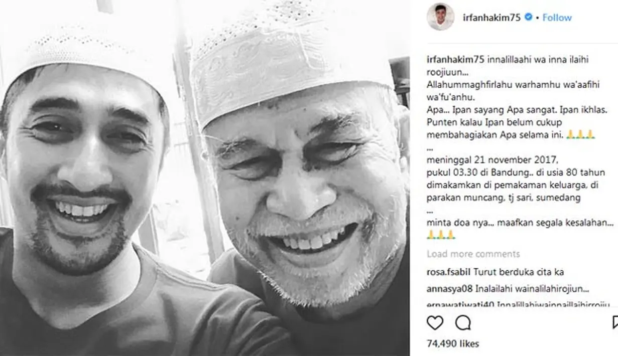 Kuasa Tuhan memang tak ada yang mengetahui. Beberapa jam setelah mengunggah foto bersama Laila Sari, Irfan Hakim pun kembali mengunggah foto bersama sang ayah, H.Rosyid Sukarya yang meninggal dunia di usia 80 tahun. (Instagram/irfanhakim75)