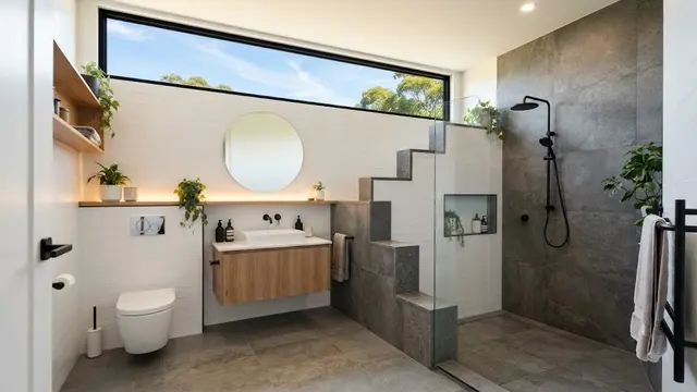 Desain Kamar Mandi dengan Jendela Atas dan Dinding Privasi Bertingkat