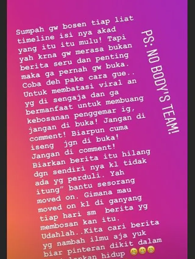 Komentar Andi Soraya di Insta Stories (Instagram)