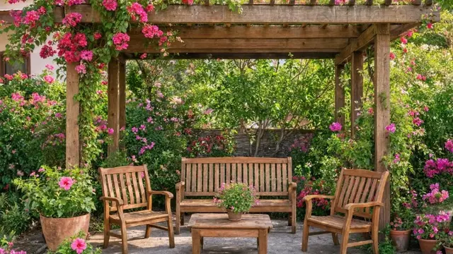 Inspirasi Area Duduk Outdoor di Halaman Belakang dengan Pergola dan Tanaman Hias (AI Generated)