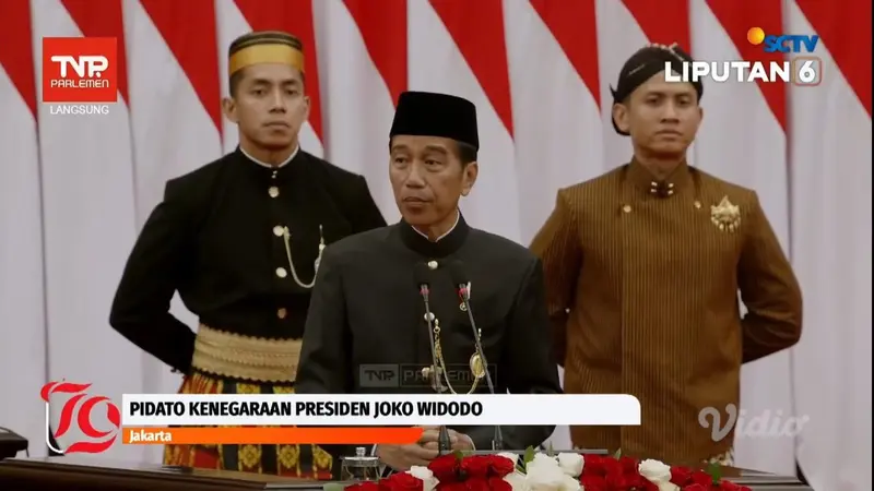 Presiden Joko Widodo atau Jokowi dalam pidato Sidang Tahunan MPR, DPR, DPD tahun 2024 di Gedung Parlemen Jakarta