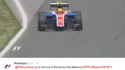 Rio Haryanto menjadi pebalap pertama yang memulai latihan bebas kedua F1 GP Spanyol di Sirkuit Catalunya, Spanyol, Jumat (13/5/2016). (Bola.com/Twitter/F1)