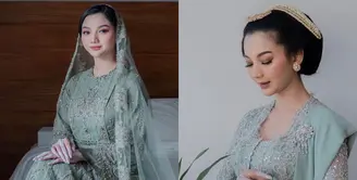 Dress panjang warna hijau sage dari Sista Wedding jadi pilihan Glenca saat momen pengajian.