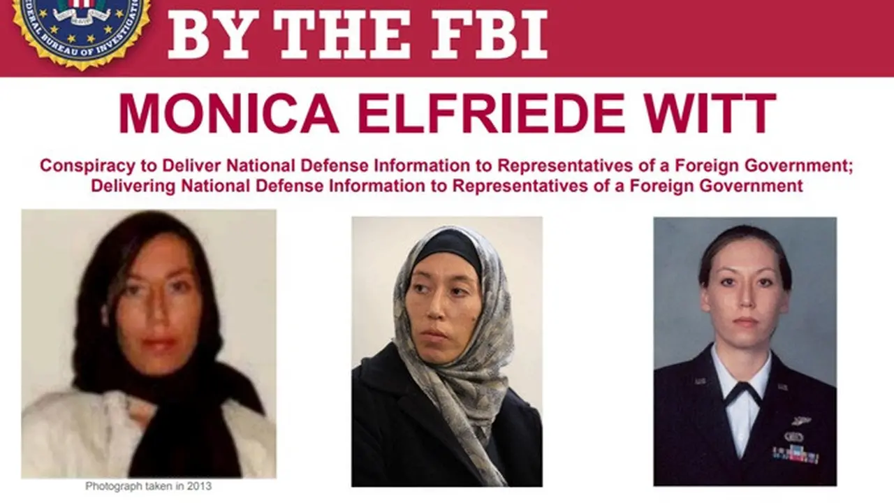 Poster yang dipublikasikan FBI untuk memburu Monica Witt, mantan personel intelijen Angkatan Udara Amerika Serikat yang didakwa atas dugaan spionase untuk Iran.