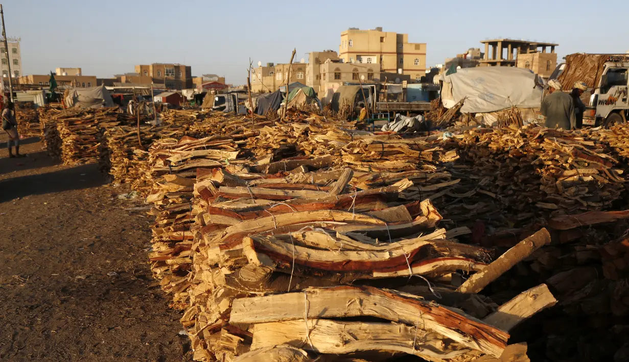 Tumpukan kayu yang dijual terlihat di sebuah pasar di Sanaa, Yaman, pada 5 November 2020. Penduduk Yaman beralih menggunakan kayu untuk memasak karena kekurangan pasokan bahan bakar. (Xinhua/Mohammed Mohammed)