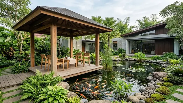 Gazebo Minimalis di Dekat Kolam Ikan