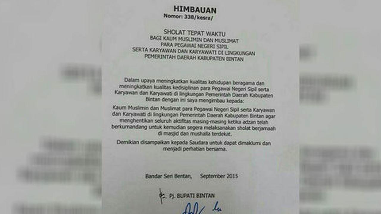 Beredar surat imbauan Bupati Bintan wajibkan PNS salat tepat waktu
