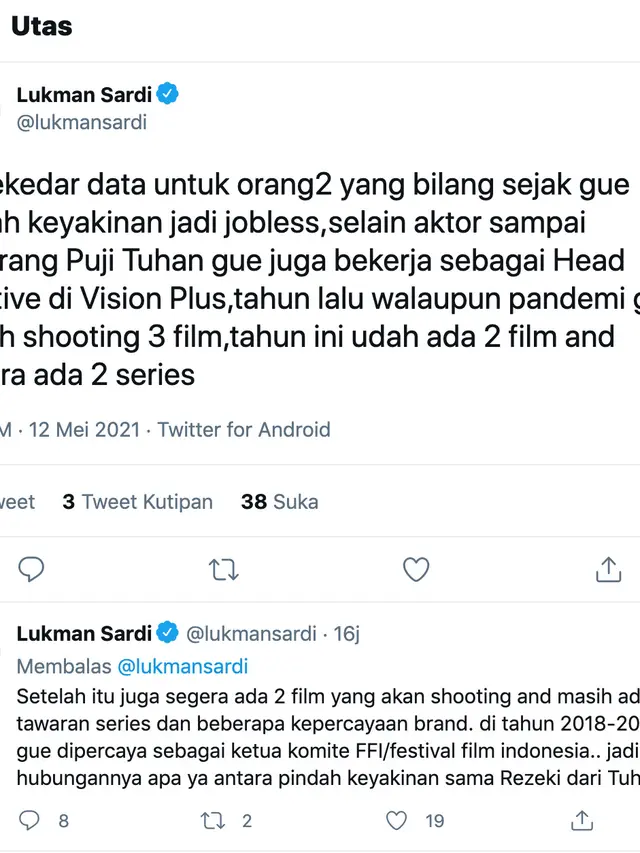 Lukman Sardi. (Foto: Dok. Twitter @lukmansardi)