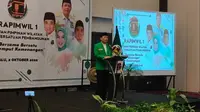 Plt Ketua Umum Partai Persatuan Pembangunan (PPP) Muhamad Mardiono saat memberikan sambutan dalam Mukerwil di Hotel Santika, Palu, Sulawesi Tengah, Selasa (4/10/2022). (Ist)
