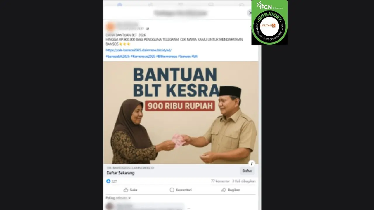 Tangkapan layar klaim link untuk mengecek BLT Kesra 2026 bagi pengguna Telegram yang beredar di Facebook.