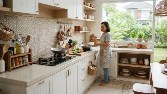 Desain dapur yang tidak terasa pengap dan cocok sebagai ide penataan yang bikin ruangan terasa lebih lega model letakkan barang sesuai kebiasaan memasak