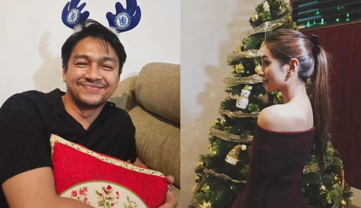 Rayakan Natal perdana sebagai pasutri, Mikha Tambayong tampil manis dengan dress sabrina warna merah maroon, sementara Deva mengenakan atasan hitam dan bandana Natal warna biru. [@miktambayong]