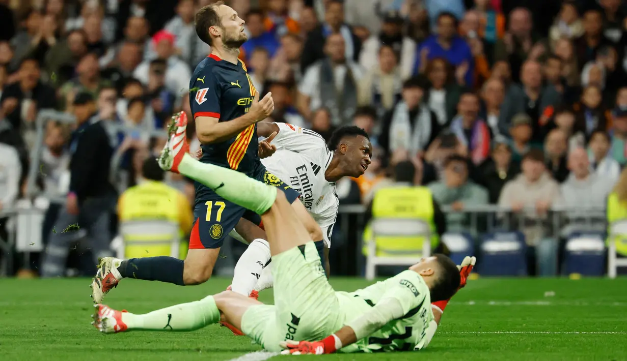 Di babak kedua, Real Madrid meningkatkan pola permainan. Di menit ke-83, Vinicius Junior menggandakan keunggulan Real Madrid atas Girona. (Pierre-Philippe MARCOU/AFP)