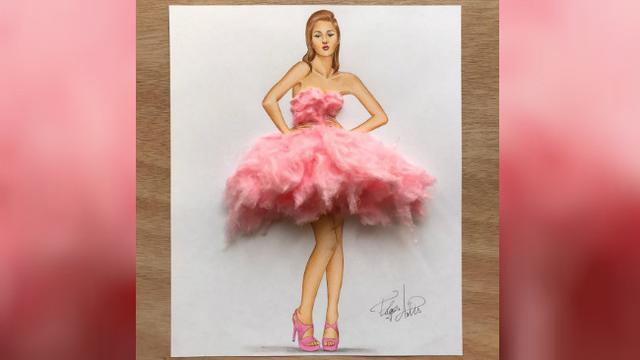 Seorang perancang busana memberi sentuhan kreatif dengan menambahkan makanan-makanan tertentu pada sketsa baju yang dibuatnya.