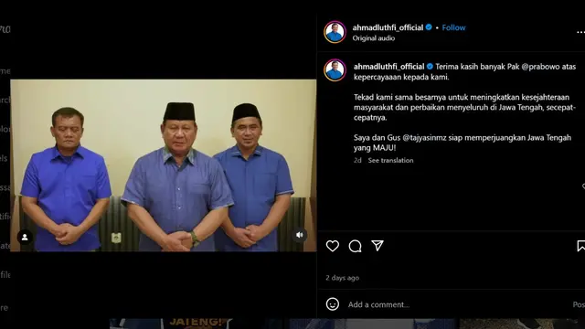 Cagub Jateng Ahmad Luthfi mengunggah video dukungan Presiden Prabowo Subianto terhadap dirinya dan Cawagub Taj Yasin di Pilgub Jateng 2024 melalui akun Instagram pribadinya.