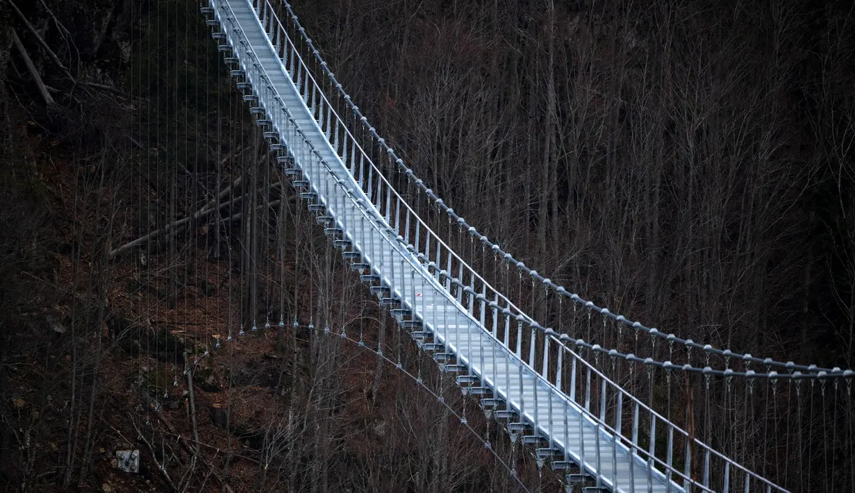 Foto yang diambil pada 3 Maret 2023 menunjukkan jembatan gantung yang sedang dibangun, menghadap ke air terjun di Todtnau, barat daya Jerman. Pembangunan jembatan sepanjang 450 meter yang digantung dengan ketinggian hingga 120 meter ini diharapkan selesai pada Mei 2023 dan menjadi daya tarik wisata utama di Black Forest. (PATRICK HERTZOG / AFP)