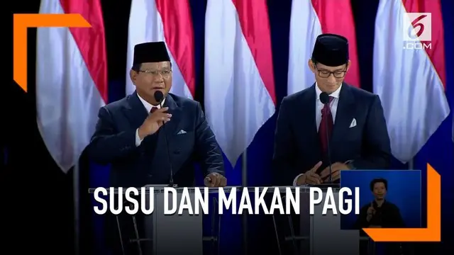 Demi peningkatan gizi, Prabowo berjanji di pemerintahannya nanti akan memberi siswa susu dan makan pagi di sekolah.