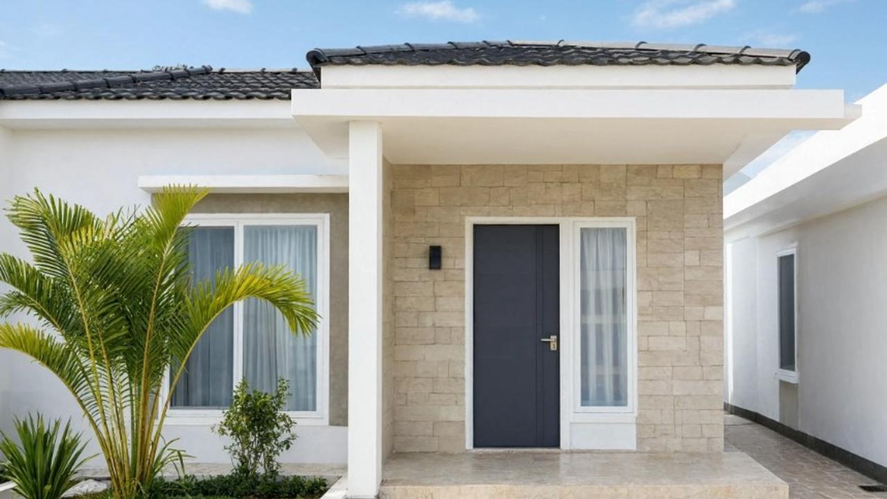 Inspirasi Teras Rumah Subsidi dengan Batu Alam dan Palem Kuning (AI Generated)