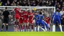 Pemain Chelsea, Raheem Sterling mencetak gol ke gawang Preston melalui tendangan bebas saat laga putaran ketiga Piala FA 2023/2024 di Stamford Bridge, London, Minggu (07/01/2024) WIB. (AP Photo/Kirsty Wigglesworth)