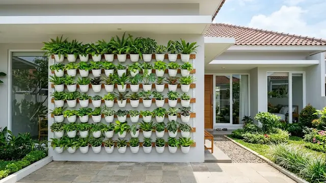 Taman Vertikal Pot Putih dengan Tanaman Hijau