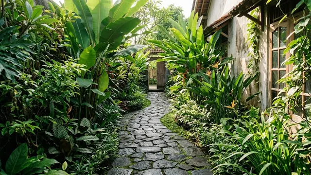 Jalur Batu Alam di Tengah Tanaman Tropis