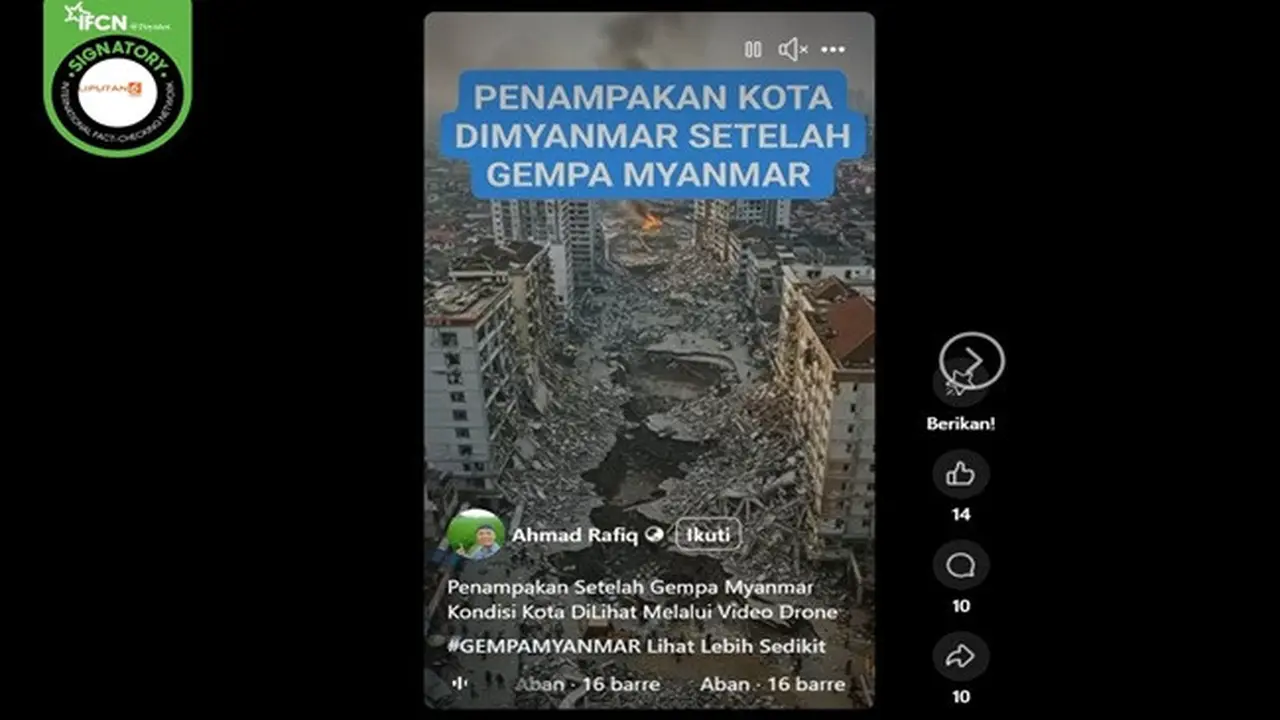 Gambar tangkapan layar video yang diklaim penampakan sebuah kota di Myanmar usai diguncang gempa. (sumber: Facebook)