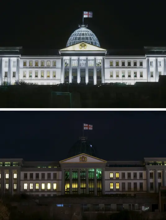 Foto kombinasi dari Gedung Presiden Georgia sebelum dan saat memperingati Earth Hour di Tbilisi, Georgia (19/3/2016). (Reuters/ David Mdzinarishvili)