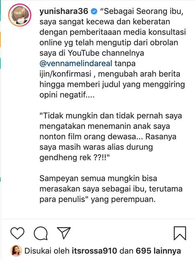 Unggahan Yuni Shara. (Foto: Instagram @yunishara36)