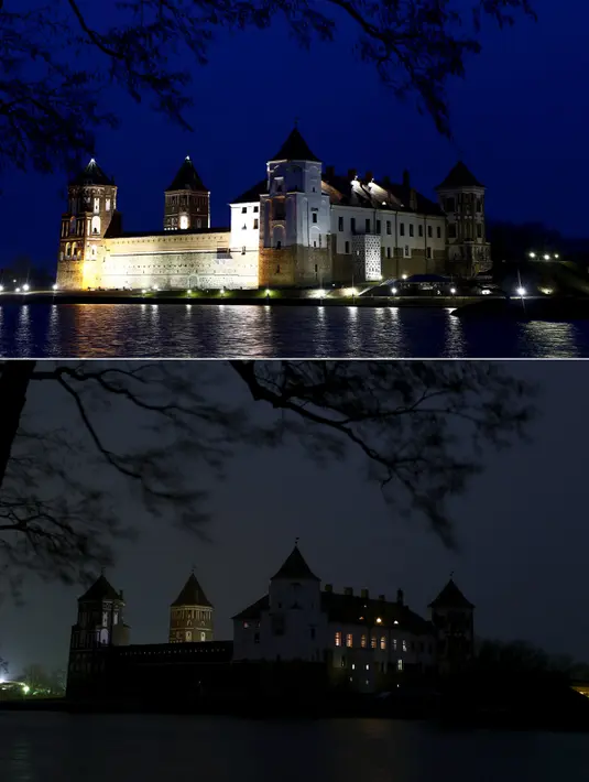 Foto kombinasi dari kompleks Istana Mir sebelum dan saat memperingati Earth Hour di kota Mir, Belarus (19/3/2016). (/ Vasily Fedosenko)