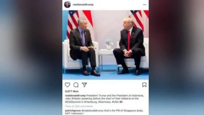 Akun Instagram Donald Trump menulis nama Jokowi padahal foto yang diunggahnya adalah PM Singapura Lee Hsien Loong. (Instagram @therealdonaldtrump)