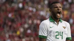 2. Striker Timnas Indonesia, Marinus Wanewar, behasil mencetak gol pertamanya pada ajang SEA Games 2017. (Bola.com/Vitalis Yogi Trisna)