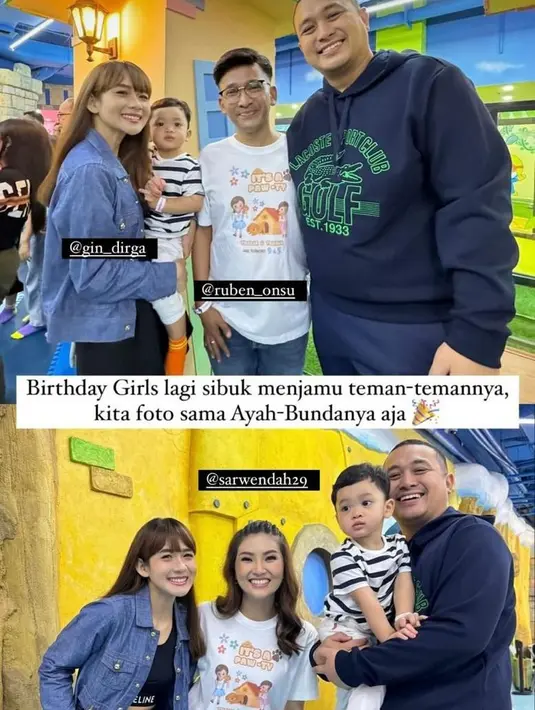 Sarwendah memadukan kaus bertuliskan ‘It’s a Paw-ty’ dengan skinny jeans dan ikat pinggang hitam. Begitu juga dengan Ruben Onsu dengan celana panjang jeans-nya.  [@ruben_onsu]