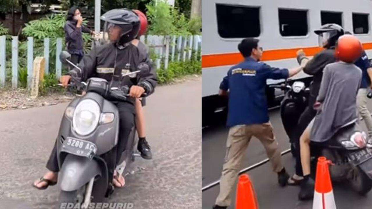 Pemotor Nekat Mau Terobos Perlintasan Padahal Kereta Sudah di Depan Mata, Nyawanya Diselamatkan Petugas Malah Ngamuk