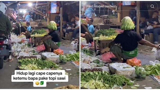Viral Aksi Penjual di Pasar Pakai Topi Sawi Ini Kocak, Jadi Hiburan Buat Pembeli