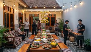 Desain Teras Sempit Tapi Luas untuk Acara BBQ Malam Tahun Baru 2026/ Ilustrasi AI