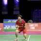 Ekspresi Liliyana Natsir saat merayakan kemenangan atas pasangan China, Siwei Zheng/Qingchen Chen pada ajang  BWF World Championships 2017 di Emirates Arena, Glasgow (27/8/2017).  (Jane Barlow(/PA via AP)