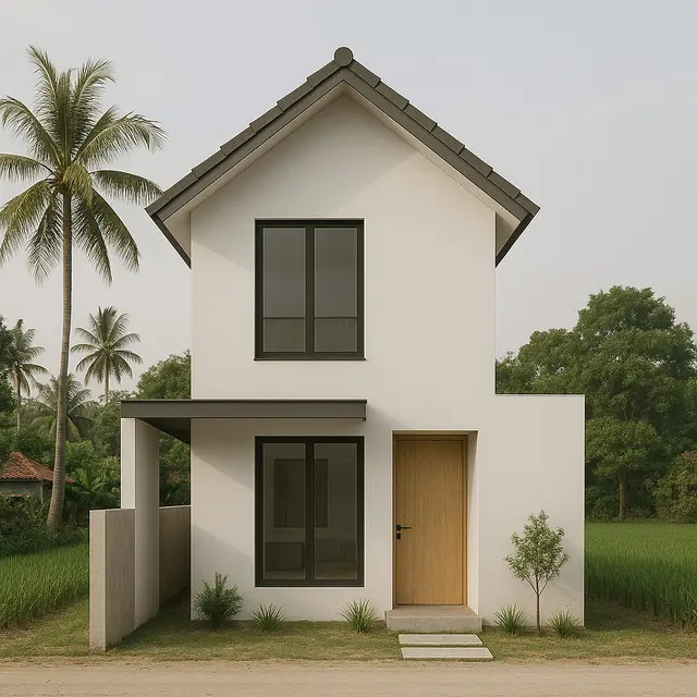 Desain Rumah Minimalis 5x7 Meter 2 Lantai di Desa dengan Model Japandi/via ChatGPT