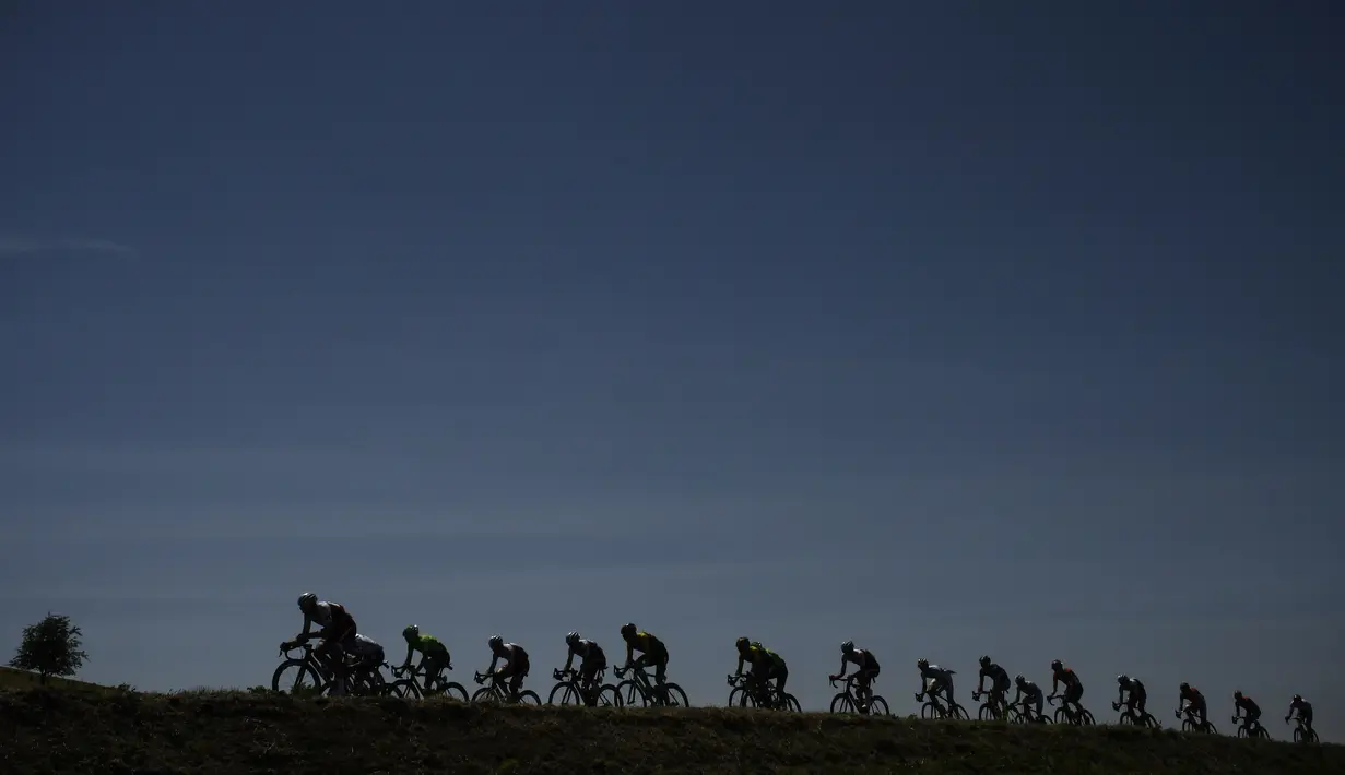 Deretan pebalap melintasi ladang pada etape ke-16  Tour de France dengan jarak 165 km dari Le Puy-en-Velay dan Romans-sur-Isere, (18/7/2017).  (AFP/Jeff Pachoud)