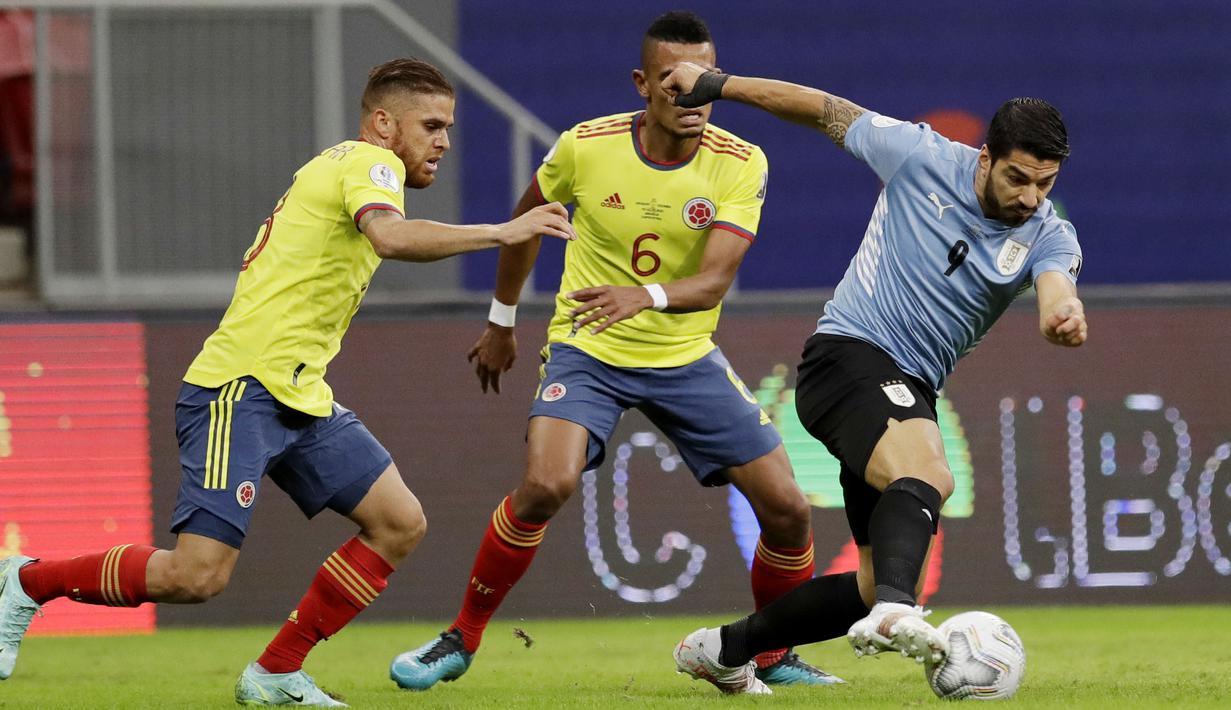 Di laga ini Uruguay mampu mencatatkan tujuh tembakan, sementara Kolombia berhasil membukukan sembilan tembakan. (Foto:AP/Bruna Prado)