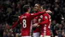 Selebrasi kemenangan pemain Manchester United saat melawan Watford pada laga Premier League di Old Trafford, Manchester (11/2/2017). Manchester United menang 2-0. (Nick Potts/PA via AP)