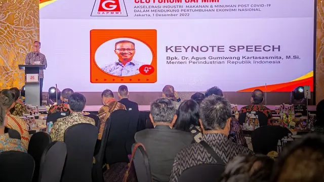 Menteri Perindustrian (Menperin) Agus Gumiwang Kartasasmita memberikan paparan pada acara CEO Forum Gabungan Produsen Makanan dan Minuman Indonesia (GAPMMI), di Jakarta. (Dok Kemenperin)