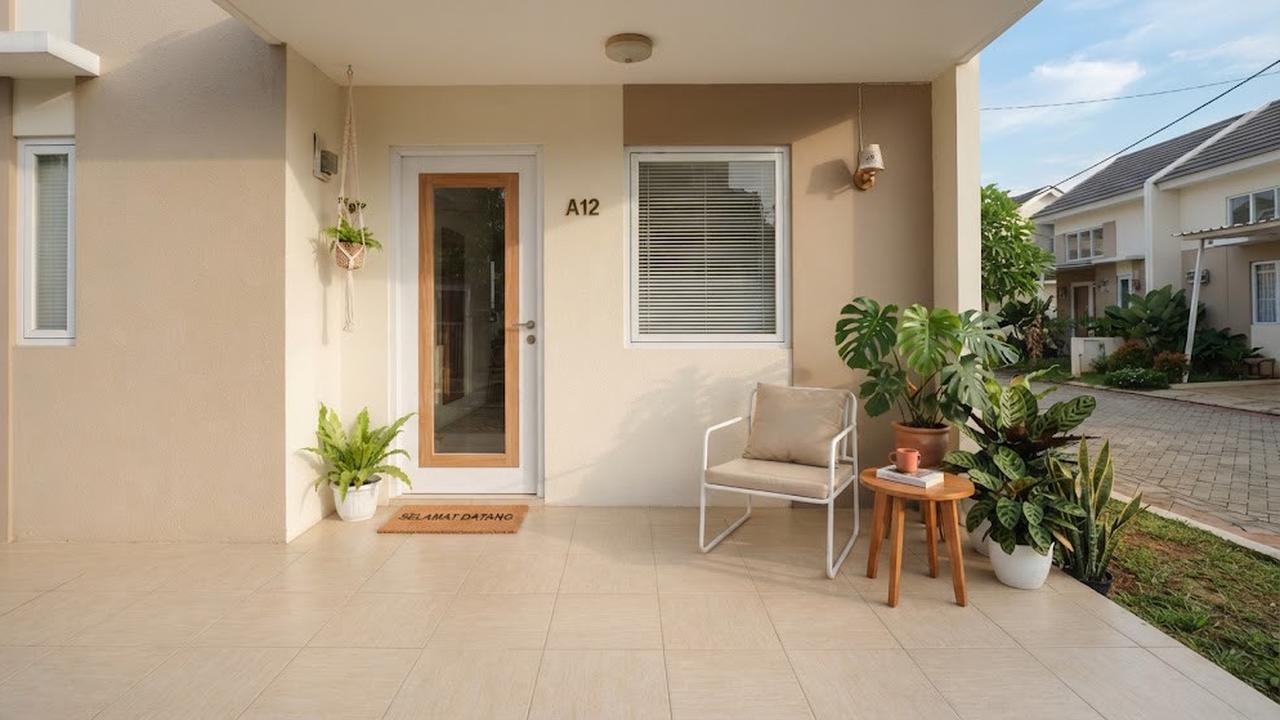 Warna keramik lantai yang cocok untuk teras rumah kecil model beige untuk fasad warna netral